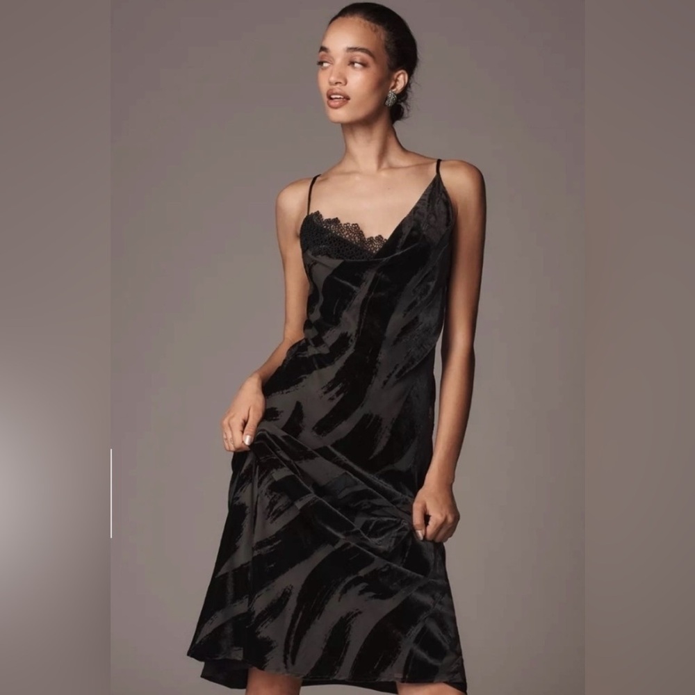 NWOT Anthropologie Black Slip Dress - Cowl Neck - Velvet Zebra Print - Picture 3 of 10